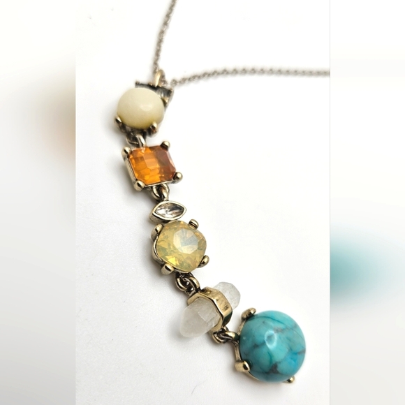 ๐ข3/$19๐ข LOFT Long Gemstone Necklace Gold Tone Real Quartz Faux Turquoise - Picture 1 of 7